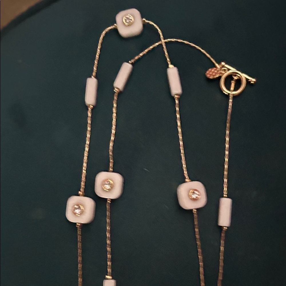 Gold-Tone Necklace with Blush Pink Beads and Crystal Accents